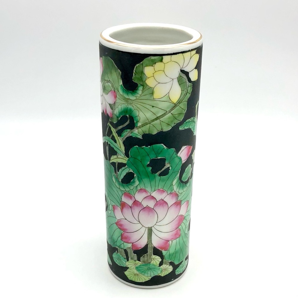 Chinese Porcelain Vase Hat Stand Famille Noire Floral Bird Lotus Qianlong Mark - Picture 3 of 13